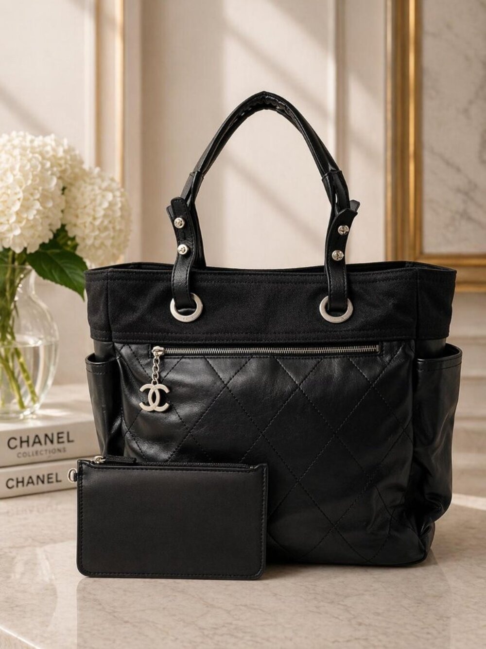 Authentic Chanel Black Quilted Leather Tote CC Charm Luxury Shoulder Bag